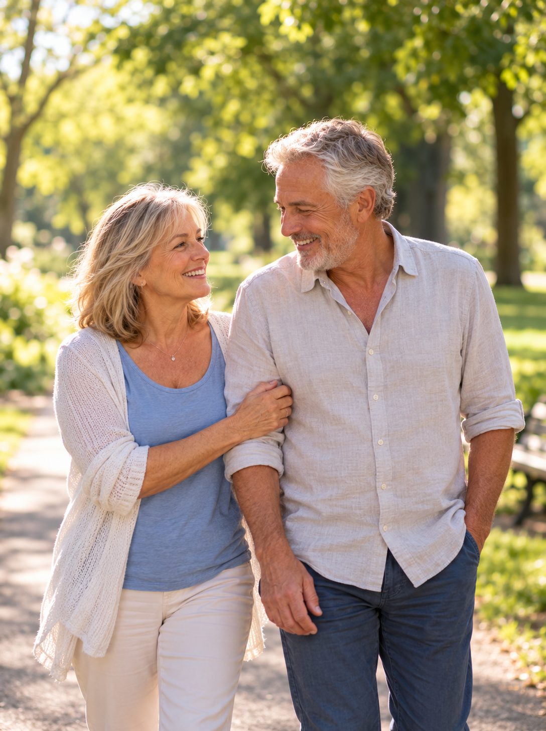 A smiling couple walking arm in arm along a sunny park path
